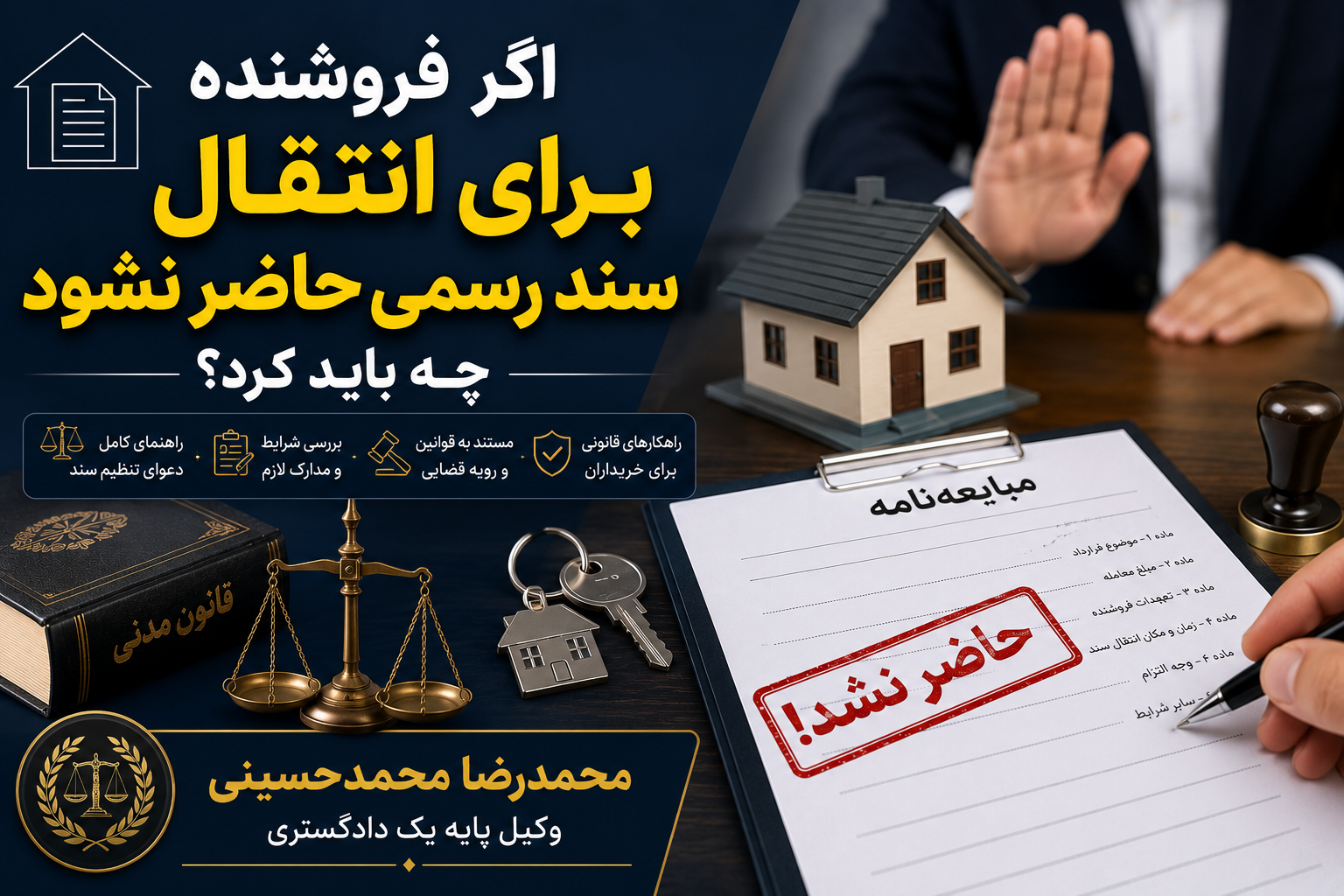انتقال سند رسمی عدم حضور فروشنده اگر فروشنده برای انتقال سند رسمی حاضر نشد چه باید کرد محمدرضا محمدحسینی وکیل پایه یک دادگستری وکیل ملکی تهران
