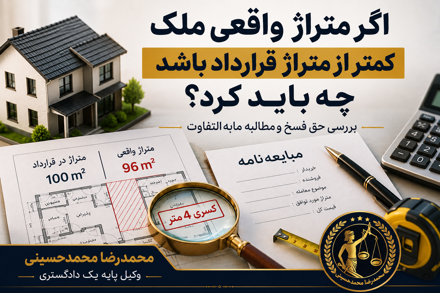اگر متراژ واقعی ملک کمتر از متراژ معامله شده باشد ؟ بررسی حق فسخ و گرفتن ما به التفاوت وکیل ملکی املاک بدون سند محمدرضا محمدحسینی وکیل پایه یک دادگستری