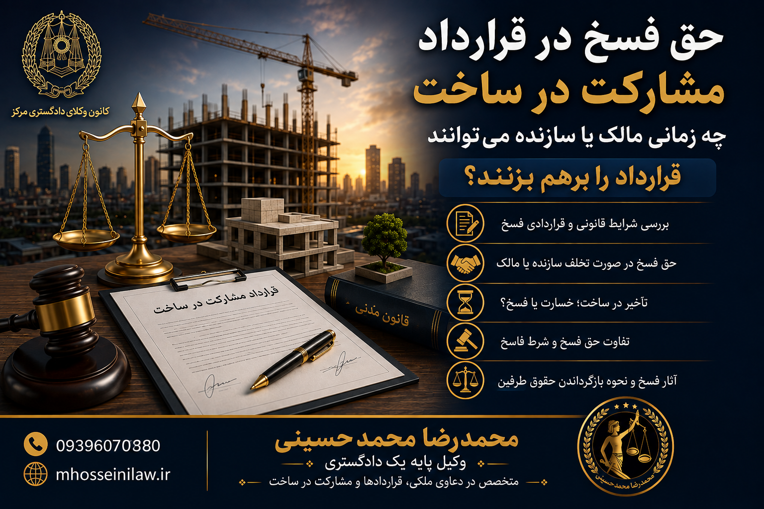 حق فسخ در قرارداد مشارکت در ساخت شرط فسخ شرط فاسخ اقاله خیار غبن تعیین تکلیف سرمایه گذاریها بعد از فسخ وکیل ملکی تهران محمدرضا محمدحسینی وکیل پایه یک دادگستری